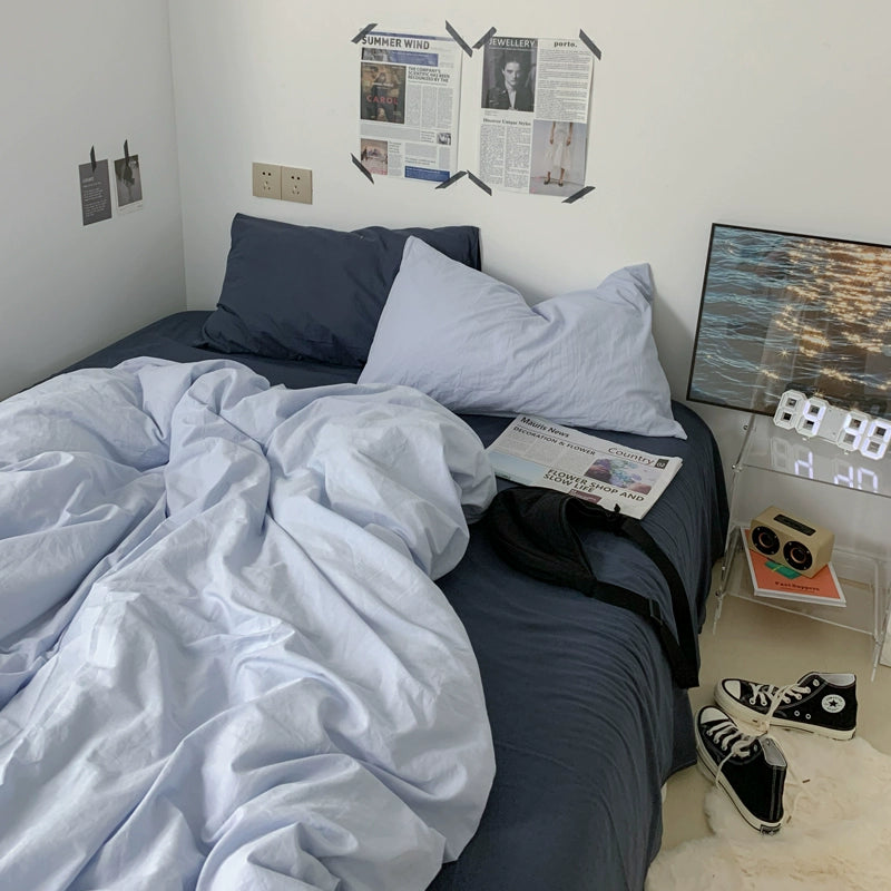 Ins double fight washed cotton four-piece solid color bed sheet quilt cover student dormitory three-piece bedding single double bed sheet 4