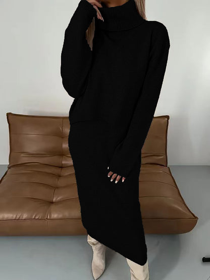 Fall/Winter Sweater Dress, High Neck Maxi Sweater Dress, Two Piece Solid Color Knit Dress