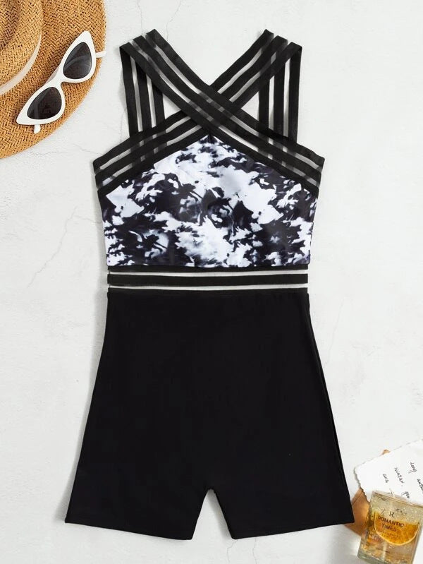 Hot-Selling Tenglong One-Piece Swimsuit – Sexy Boxer Cut, Printed Design, Clear Belt Detail,Beachwear