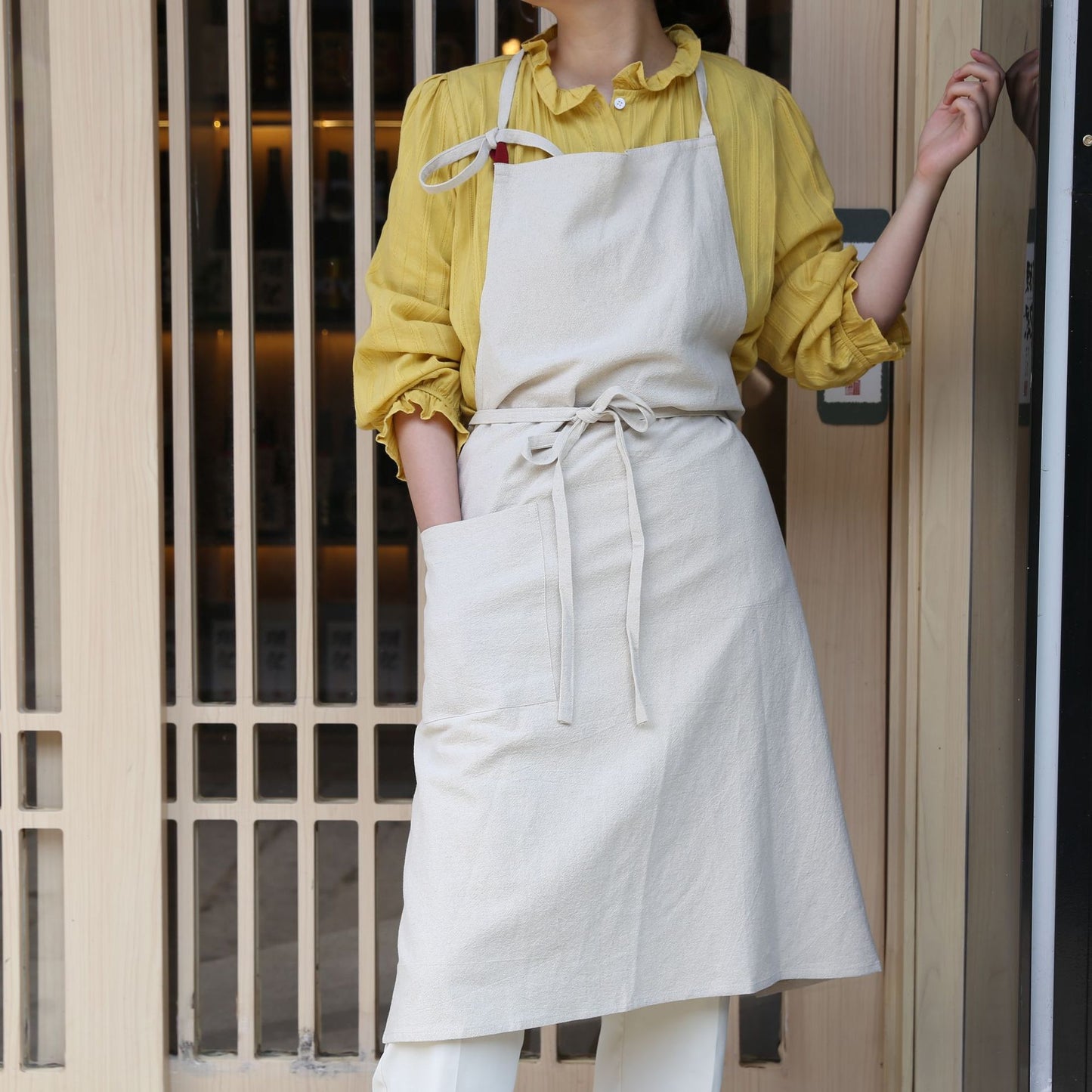 Japanese new style cotton and linen large size loose home kitchen sleeveless solid color housework high-end
