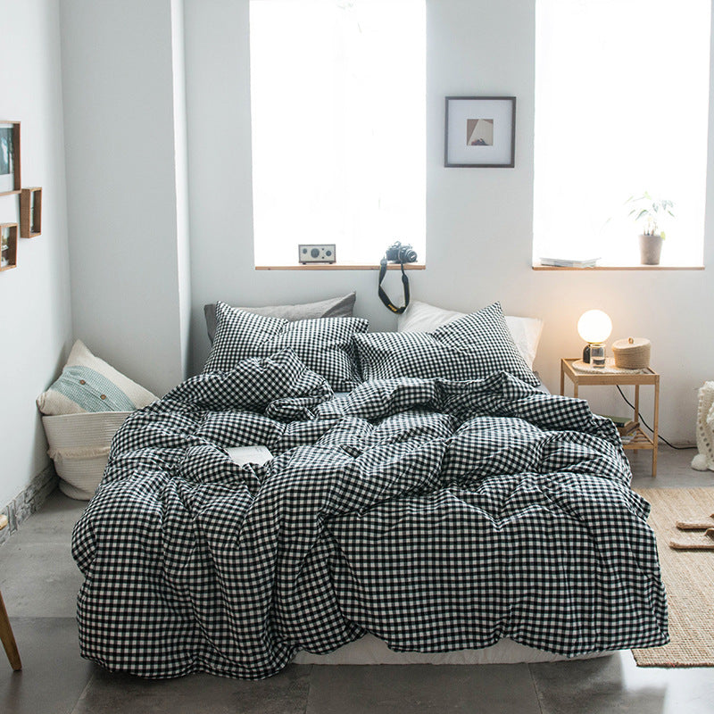 Japanese-style all-cotton non-printed washed cotton four-piece wholesale stripe-dyed good product four-piece dormitory bedding