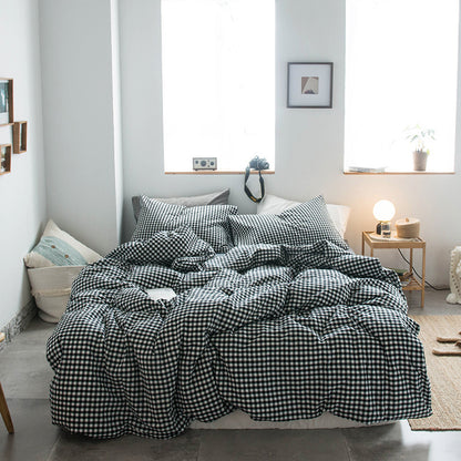 Japanese-style all-cotton non-printed washed cotton four-piece wholesale stripe-dyed good product four-piece dormitory bedding