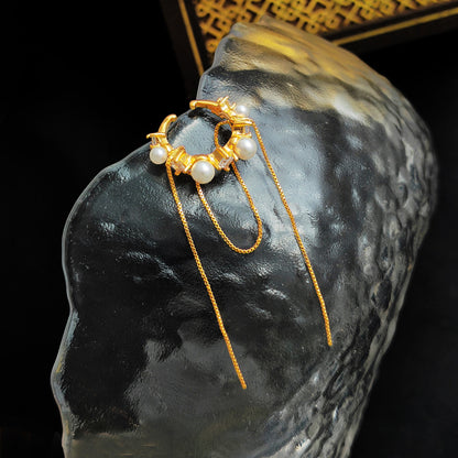 Copper-plated real gold Korean chain tassel ear bone clip ins wind pearl inlaid zircon earrings earrings without ear holes T683