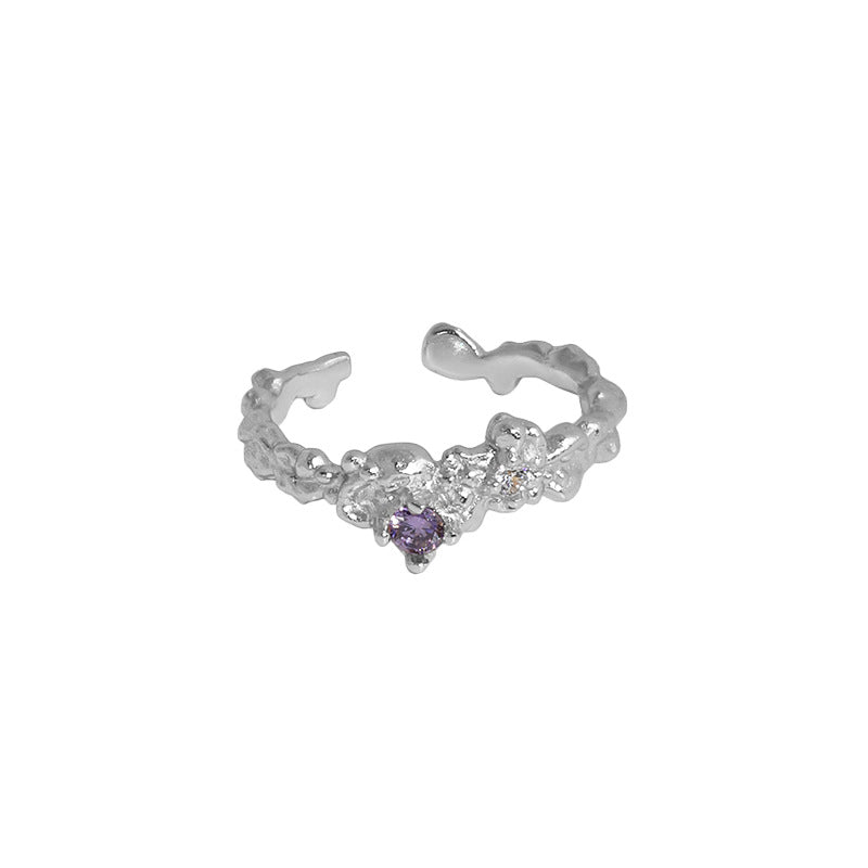 590 Korean version of ins niche design sense irregular micro-inlaid zircon texture texture S925 sterling silver open ring female