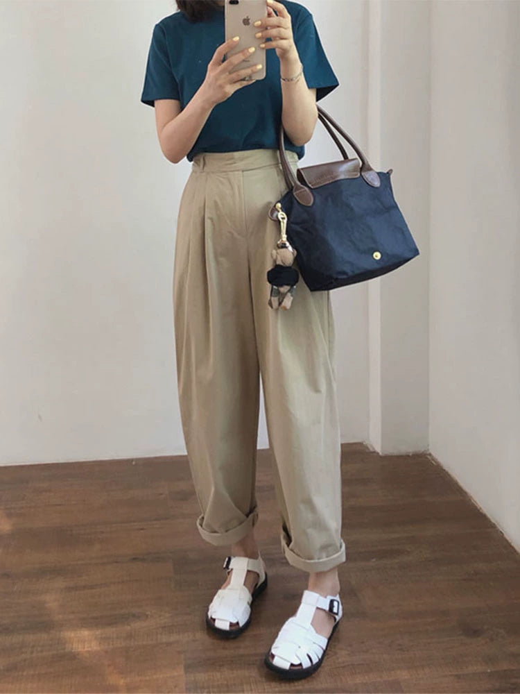 Aki's autumn new product, Japanese khaki pants, women's cover-up, slim, large-size casual design, harem pants