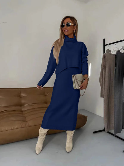 Fall/Winter Sweater Dress, High Neck Maxi Sweater Dress, Two Piece Solid Color Knit Dress