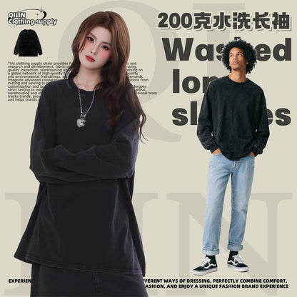 Retro trendy brand washed distressed long sleeve T-shirt base shirt oversize male and female couples American