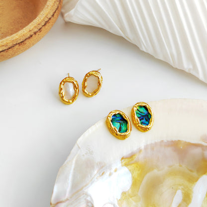 Self-designed copper-plated real gold S925 silver needle geometric oval earrings women's irregular earrings shell earrings T102