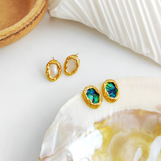 Self-designed copper-plated real gold S925 silver needle geometric oval earrings women's irregular earrings shell earrings T102