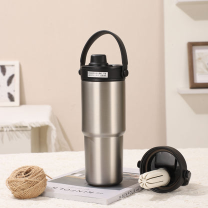 stainless steel thermos mug simple double drink straw cup ceramic liner large capacity portable car cup