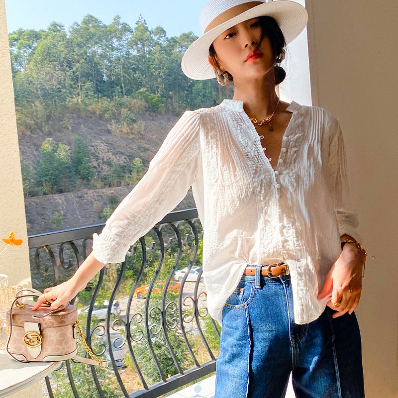 spring new women's lace French white shirt women's long-sleeved design sense temperament cross-border Nanyou women's clothing