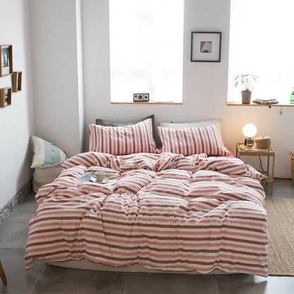 Japanese-style all-cotton non-printed washed cotton four-piece wholesale stripe-dyed good product four-piece dormitory bedding