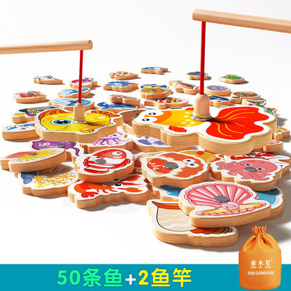 Kids Fishing Toys Magnetic Wooden Fish 1 to 3 Year Old Baby Educational Early Education Cognition Marine Fish First Year Gift