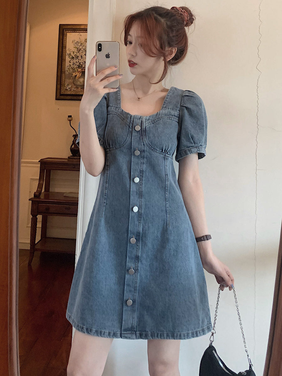 Denim dress women's summer French temperament narrow waist small puff sleeves long and short skirt large size short-sleeved women