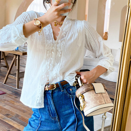 spring new women's lace French white shirt women's long-sleeved design sense temperament cross-border Nanyou women's clothing