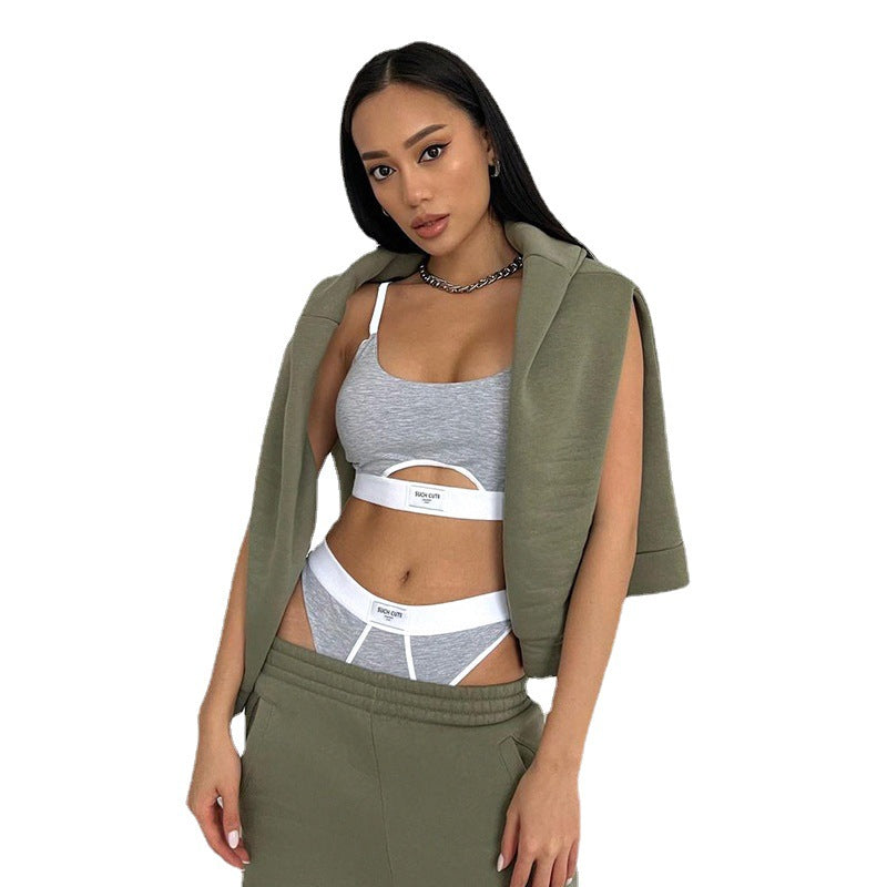 Contrasting Color Stitching Letter Cloth Label Personalized Split U-Neck Adjustable Shoulder Strap Briefs Bra Two-piece Set