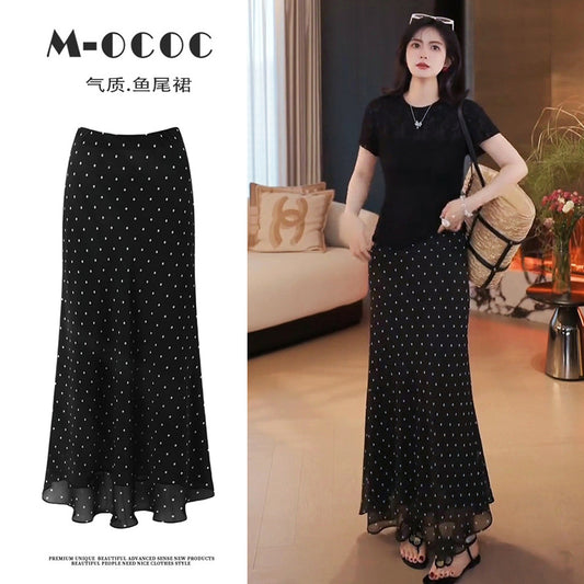 Polka dot mermaid skirt women's skirt summer new mid-length retro Hong Kong style hip-hugging high-waisted chiffon skirt