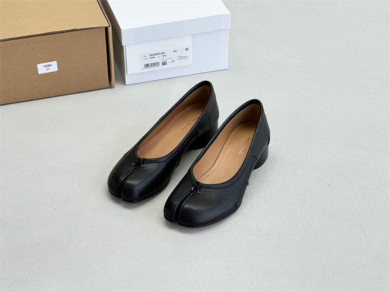 Pure original classic tabi new pleated tabi shoes female leather shallow mouth mid-heel pig's trotter ballet soft leather shoes