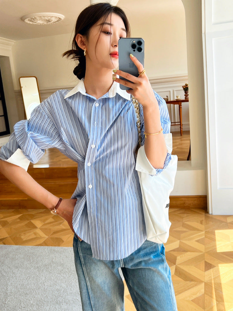 Spring new women's shirt women's long-sleeved blue and white striped French design color matching shirt women's commuting top