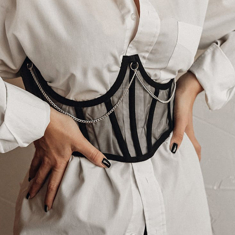 European and American wind mesh stitching chain sexy wrap chest waist sexy inner fishbone steel ring waist seal vest 8970