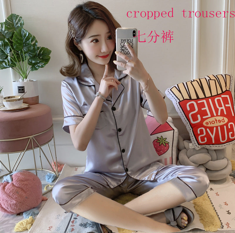 underwear short-sleeved trousers pajamas women's simulation silk lapel suit silk cross-border pajamas