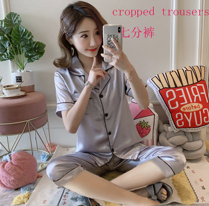 underwear short-sleeved trousers pajamas women's simulation silk lapel suit silk cross-border pajamas