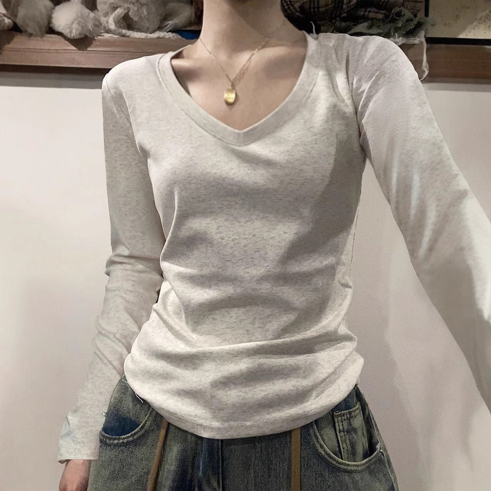 40 cotton shoulder long-sleeved T-shirts, new crew neck slim foundations, ins solid color hot girl base slimming top
