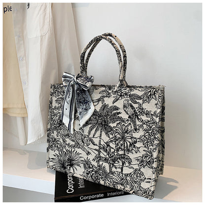 Japanese tote bag women's new niche embroidery cotton linen handbag large capacity commuting canvas shoulder bag