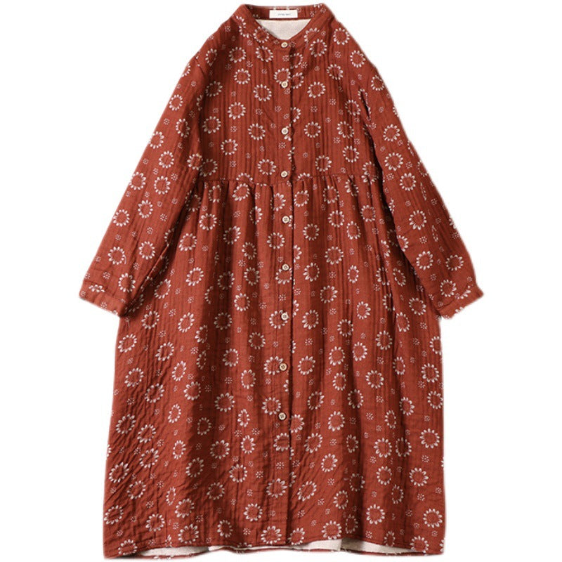 Japanese Mori Girl Art Floral Cotton Yarn Cotton Dress Loose Double Layer Cotton Long Sleeve Stand Collar Cardigan A-Line Skirt