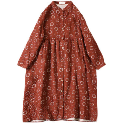 Japanese Mori Girl Art Floral Cotton Yarn Cotton Dress Loose Double Layer Cotton Long Sleeve Stand Collar Cardigan A-Line Skirt