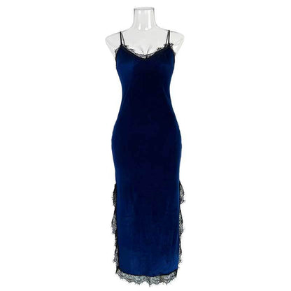 Cross-border foreign trade autumn and winter sexy deep V pajamas women's long strap nightdress velvet lace temptation backless home 137