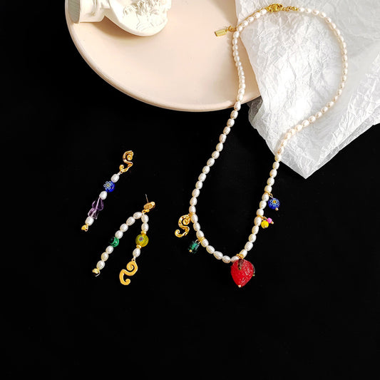 Retro elegant cultured pearl necklace temperament color glass earrings ins style asymmetrical earrings set T163