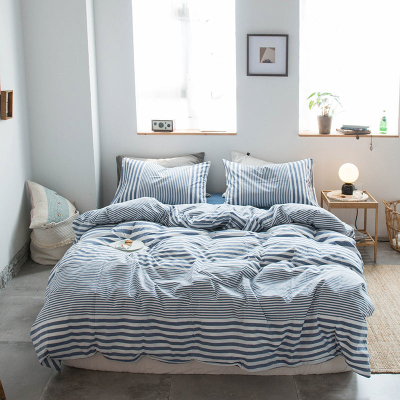 Japanese-style all-cotton non-printed washed cotton four-piece wholesale stripe-dyed good product four-piece dormitory bedding