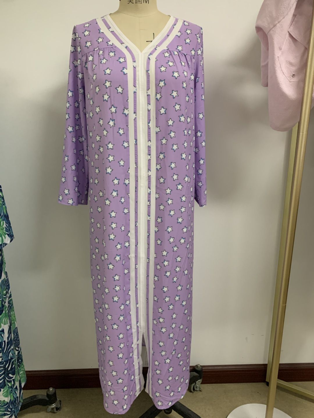 autumn and winter hot style European and American women's nightdress woven four-sided bomb printing long-sleeved long home wear dress