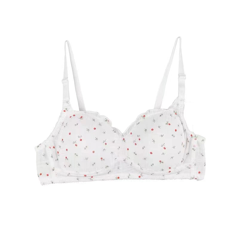 Japanese floral underwear girls high school students pure desire no steel ring small chest gathered summer thin bra bra