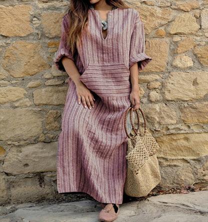 hot style European and American new cotton and linen yarn-dyed striped loose long dress