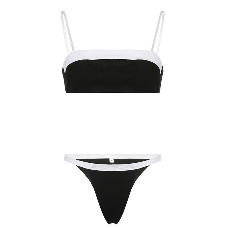 Sports underwear set black and white stitching tube top sling hollow backless top high waist triangle sexy thong women