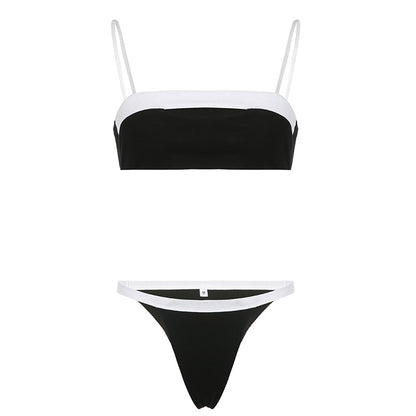 Sports underwear set black and white stitching tube top sling hollow backless top high waist triangle sexy thong women