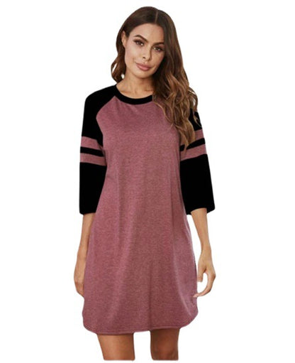 spring and summer hot style European and American women's dress stitching color strip round neck home service pajamas