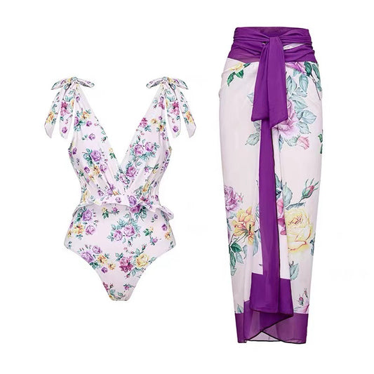 Sexy Retro One-Piece Swimsuit – Tight Fit, Strappy Design, Chiffon Cover-Up Skirt, European & American Fashion for Women