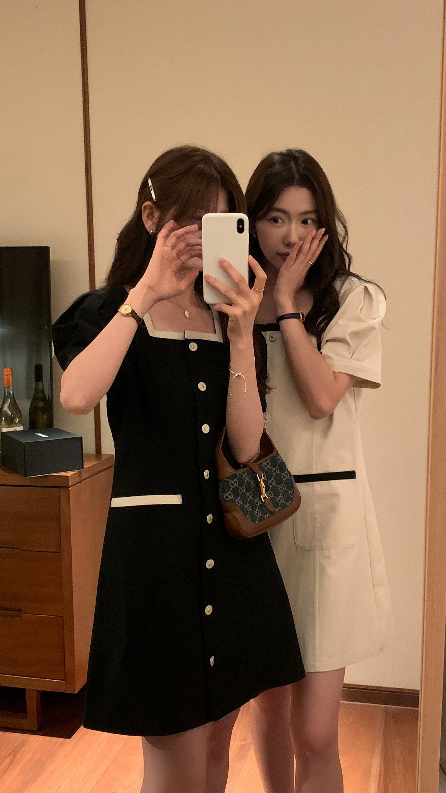 Black and white small fragrance retro square collar design slim waist cotton short dress