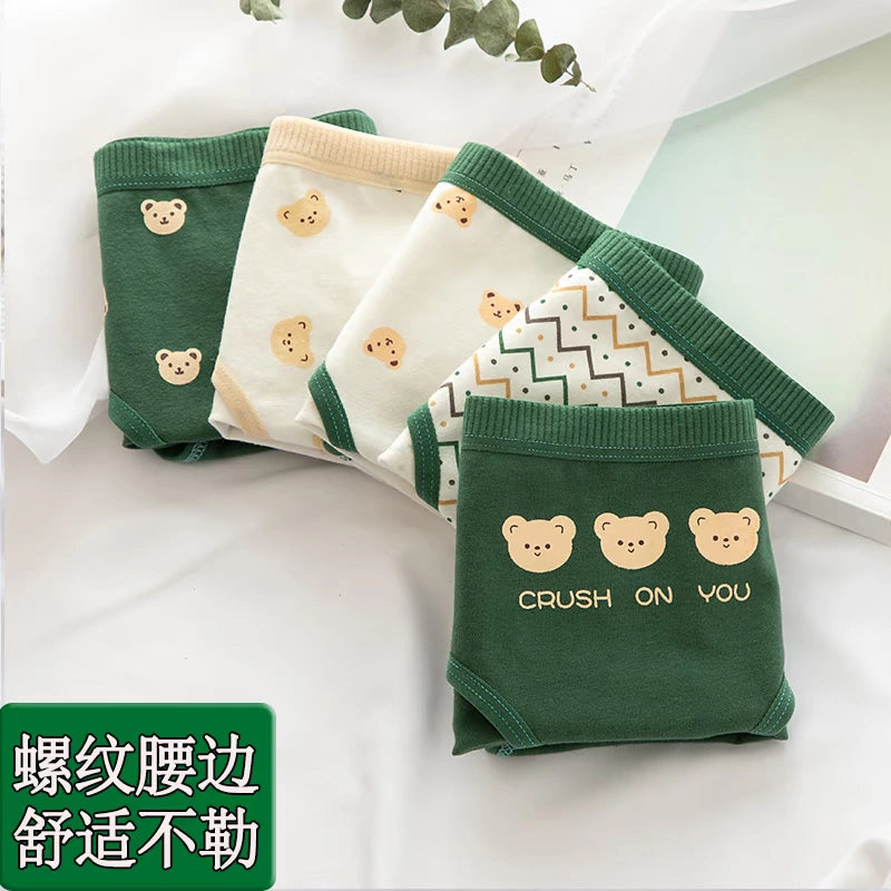 5 pieces of new hot style fashion green bear girl pure 100% pure cotton sweet mid-waist antibacterial breathable underwear