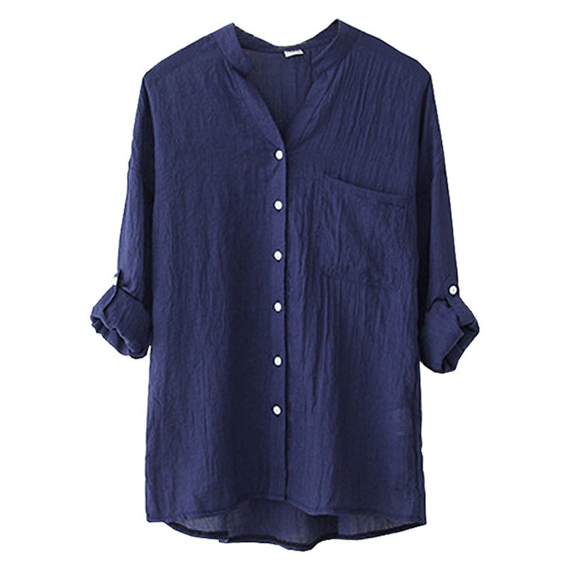 summer new sun protection clothing Japanese style small fresh loose cotton and linen three-quarter sleeves stand-up collar cotton and linen shirt women