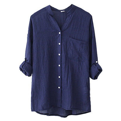 summer new sun protection clothing Japanese style small fresh loose cotton and linen three-quarter sleeves stand-up collar cotton and linen shirt women