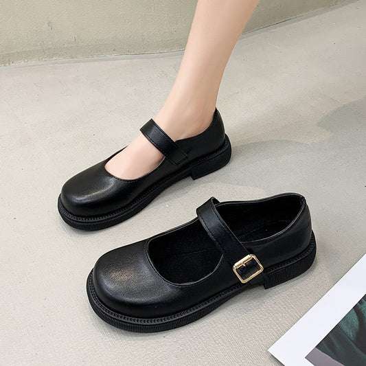 Black basic small leather shoes women's summer new Japanese students with skirts all-match round toe chunky heel patent leather single shoes trendy