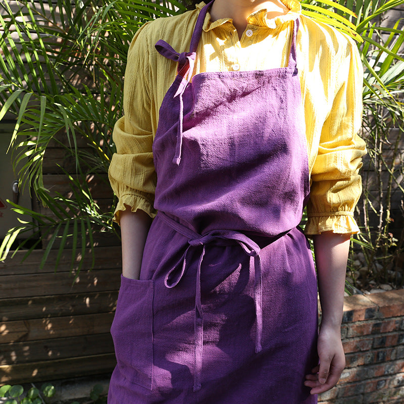 Japanese new style cotton and linen large size loose home kitchen sleeveless solid color housework high-end