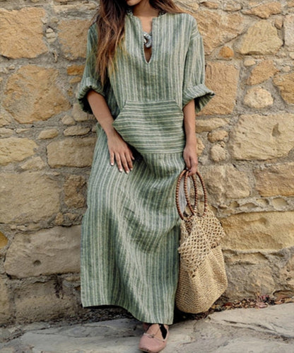 hot style European and American new cotton and linen yarn-dyed striped loose long dress