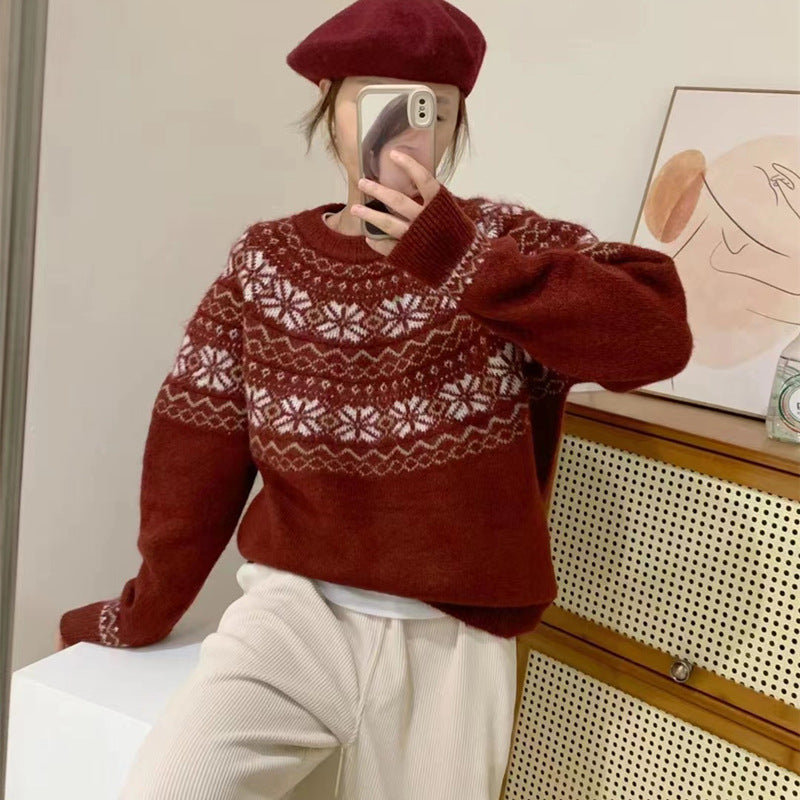 Retro jacquard soft waxy sweater women's  autumn and winter new Japanese style lazy style loose round neck pullover sweater thick