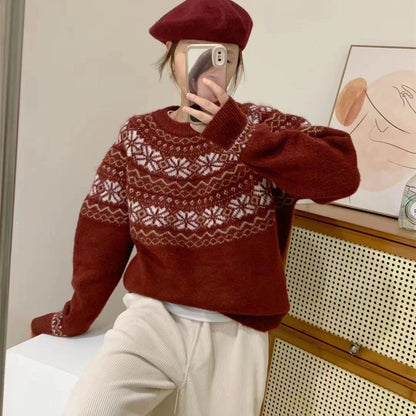 Retro jacquard soft waxy sweater women's  autumn and winter new Japanese style lazy style loose round neck pullover sweater thick