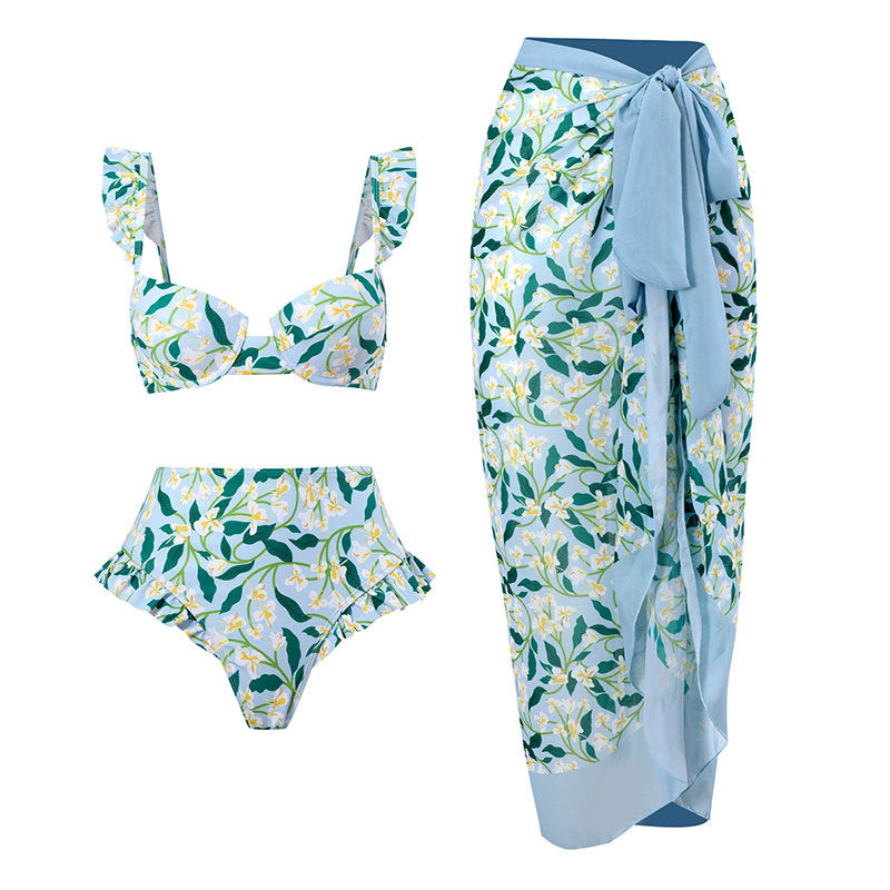 Bikini Set – Sexy Gathered Design, High Waist Split Swimsuit + Chiffon Long Skirt, European & American Style